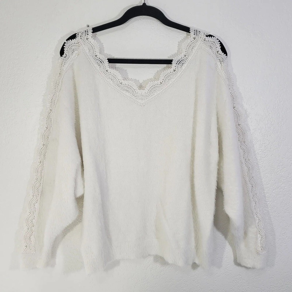Womens Size M V-neck Super Soft Sweater Fluffy Fuzzy Open Crochet Sleeve